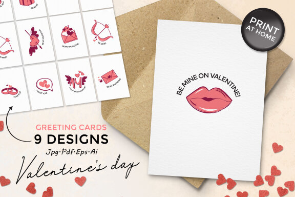 Valentine's Day Greeting Cards Bundle-9 Designs-Ready to Print-Print From Home
