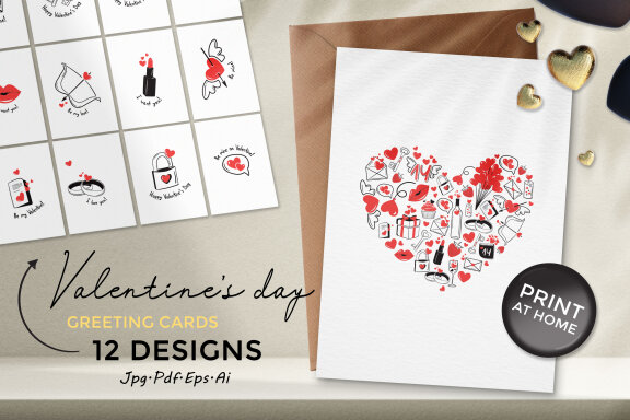 Valentine's Day Greeting Cards Bundle-12 Designs-Ready to Print-Print From Home