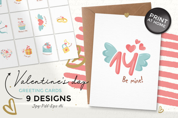 Valentine's Day Greeting Cards Bundle-9 Designs-Ready to Print-Print From Home