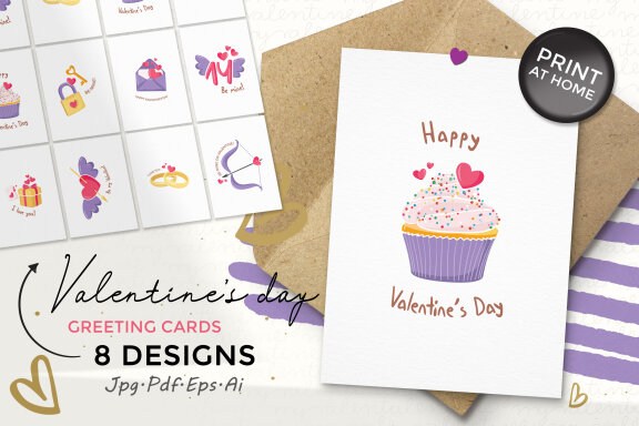 Valentine's Day Greeting Cards Bundle-8 Designs-Ready to Print-Print From Home