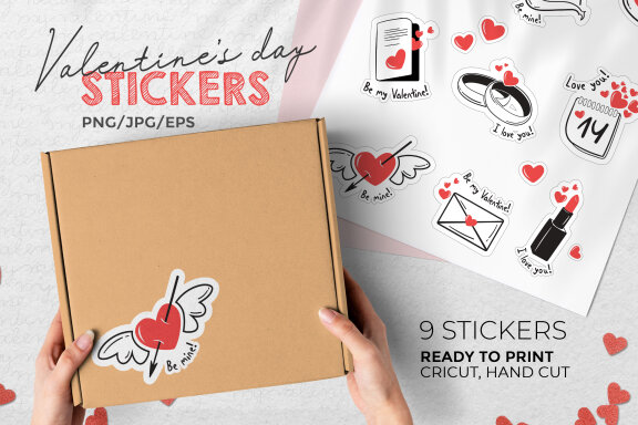 Valentine's Day Printable Stickers-9 Stickers-Ready to Print-Print From Home