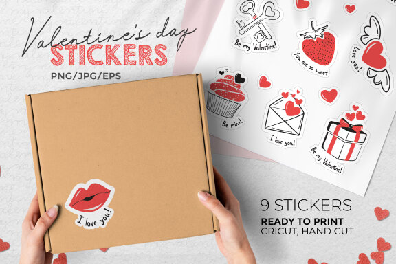 Valentine's Day Printable Stickers-9 Stickers-Ready to Print-Print From Home