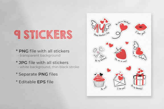 Valentine's Day Printable Stickers-9 Stickers-Ready to Print-Print From Home