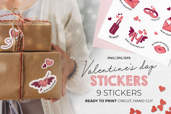 Valentine's Day Printable Stickers-9 Stickers-Ready to Print-Print From Home