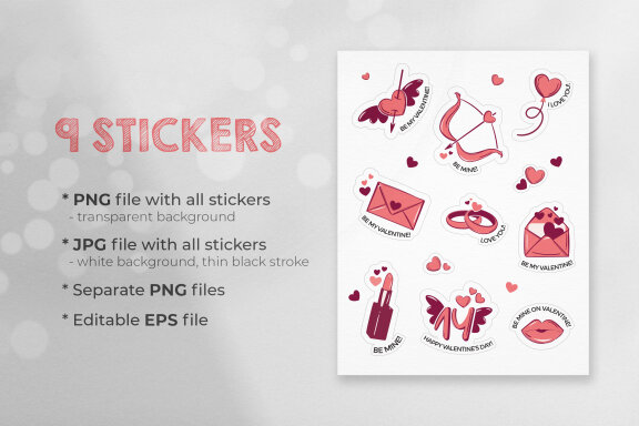 Valentine's Day Printable Stickers-9 Stickers-Ready to Print-Print From Home