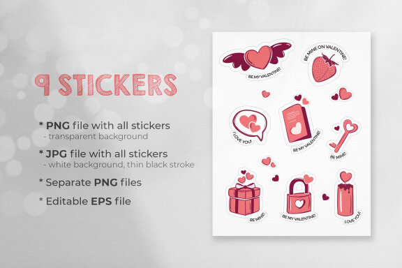 Valentine's Day Printable Stickers-9 Stickers-Ready to Print-Print From Home