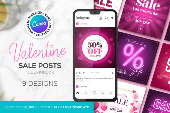 Valentine's Day Social Media Sale Posts-9 Designs-Canva Editable Templates