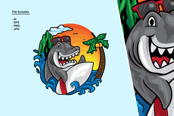 Shark Surfing Summer Illustration