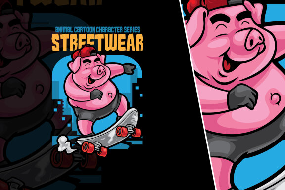 Skater Pig Vector Illustration