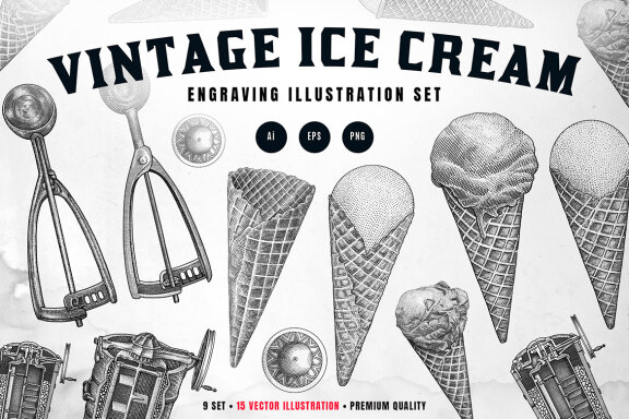 Engraving Ice Cream Illustration Set