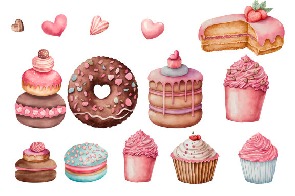 Watercolor dessert clipart, cupcakes and donuts png