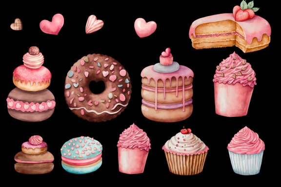 Watercolor dessert clipart, cupcakes and donuts png