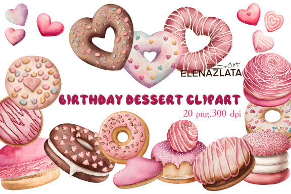 Birthday dessert clipart, cupcakes and donuts png