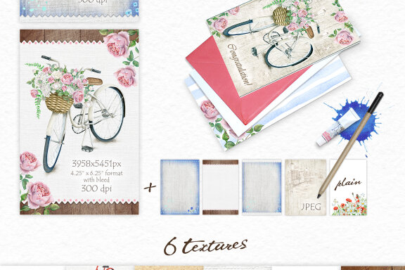 Watercolor Bicycle & Flowers