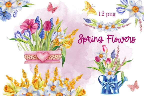 Watercolor Spring flowers Bouquet 