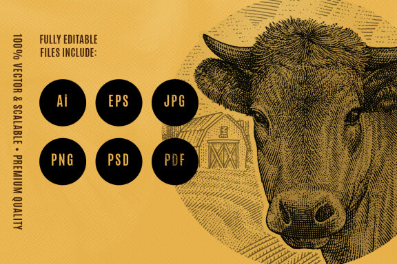 Cow Farm Engraving Illustration