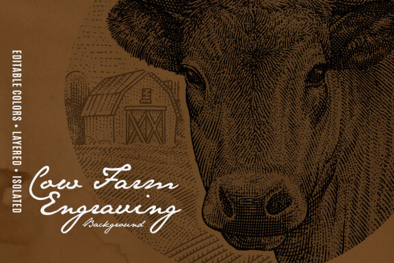 Cow Farm Engraving Illustration