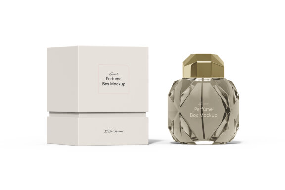 Custom Perfume box packaging PSD mockup with bottle