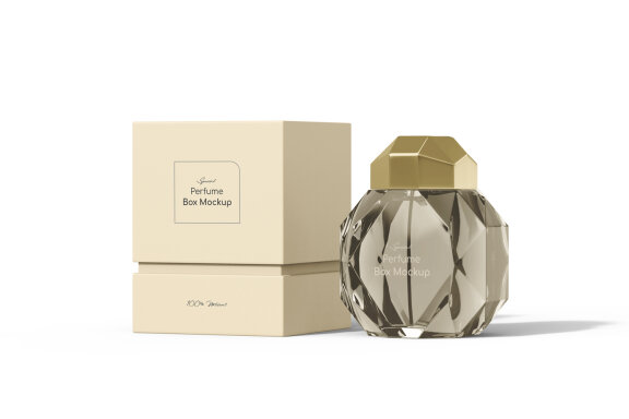 Custom Perfume box packaging PSD mockup with bottle
