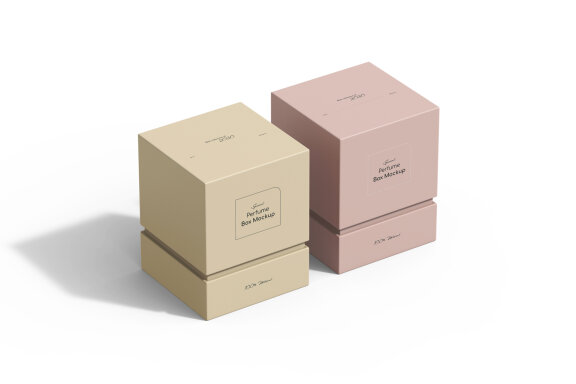 Custom Perfume box packaging PSD mockup with bottle