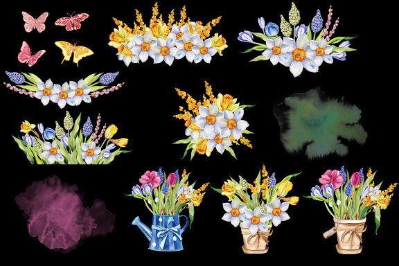 Watercolor Spring Flowers Bouquet