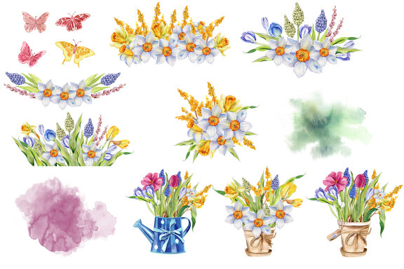 Watercolor Spring Flowers Bouquet