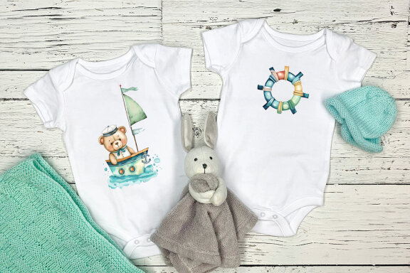 Nautical watercolor clipart. Cute teddy bear fisherman