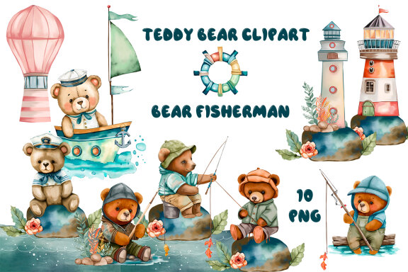 Nautical watercolor clipart. Cute teddy bear fisherman