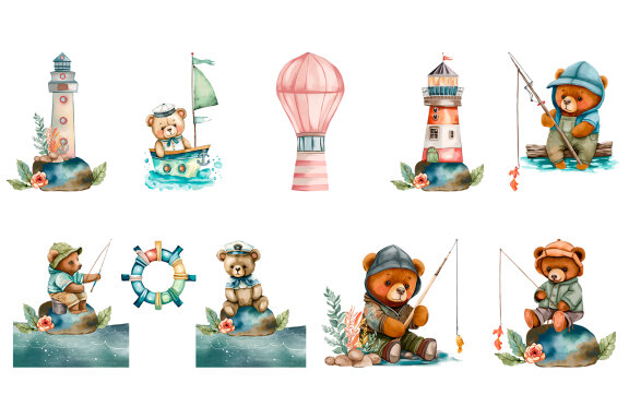 Nautical watercolor clipart. Cute teddy bear fisherman