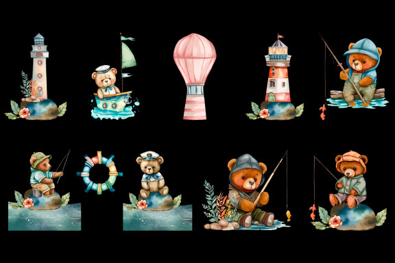 Nautical watercolor clipart. Cute teddy bear fisherman