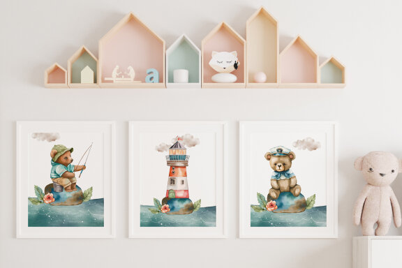 Nautical watercolor clipart. Cute teddy bear fisherman