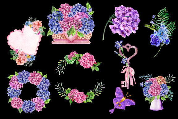 Watercolor Hydrangea Flowers Clipart