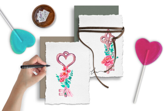 Key with a peony bouquet sublimation