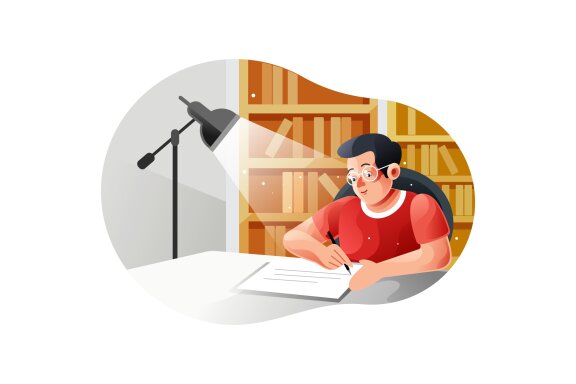 Boy studying with a book at the table with lamp