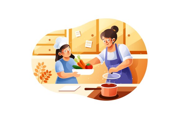 Mom and children cooking in the kitchen