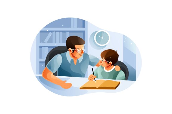 Boy studying with father at home