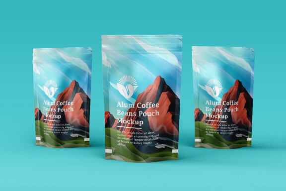 Aluminum Coffee Pouch Pack Mockup with illustrative Packaging Design