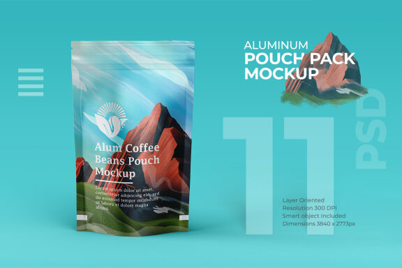 Aluminum Coffee Pouch Pack Mockup with illustrative Packaging Design