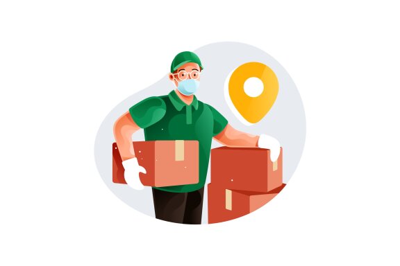 Courier in medical mask on face during the coronavirus pandemic