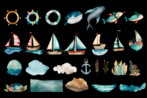 Funny ships at Sea, Cute Nautical Kids Art