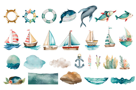 Funny ships at Sea, Cute Nautical Kids Art
