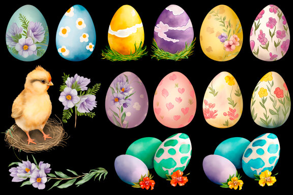 Chicken and cute watercolor easter eggs with flowers
