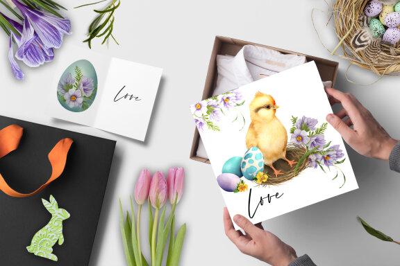 Chicken and cute watercolor easter eggs with flowers