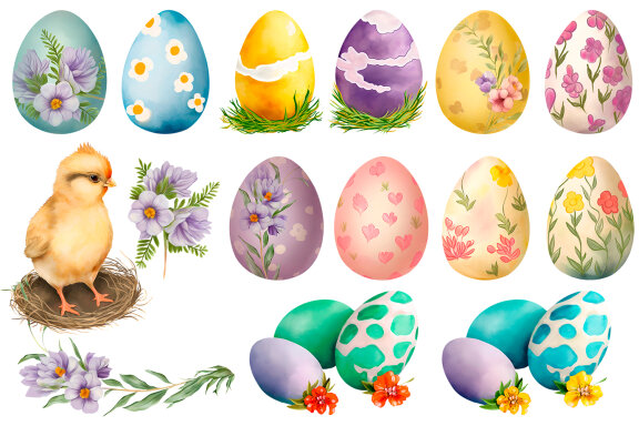 Chicken and cute watercolor easter eggs with flowers