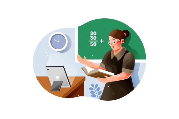 Female teacher giving an online math class