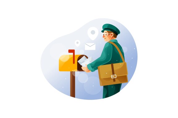 Postman puts the letter in the mailbox