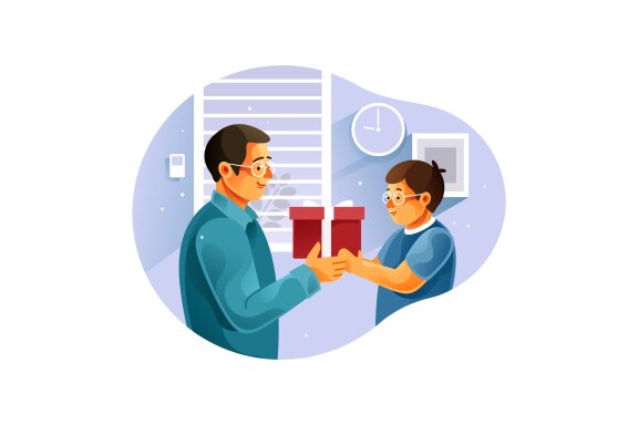 The father gives his son a gift