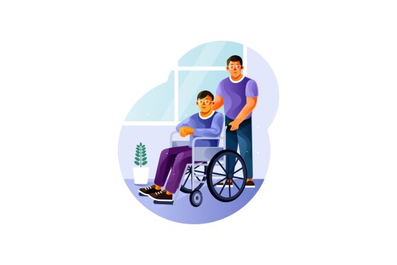 Volunteer is with a young man in a wheelchair