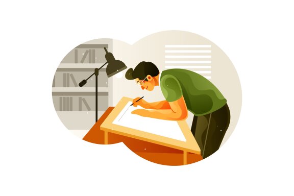 Draftsman works on a drawing board