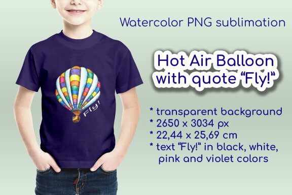 Fly! Watercolor Hot Air Balloon PNG Sublimation